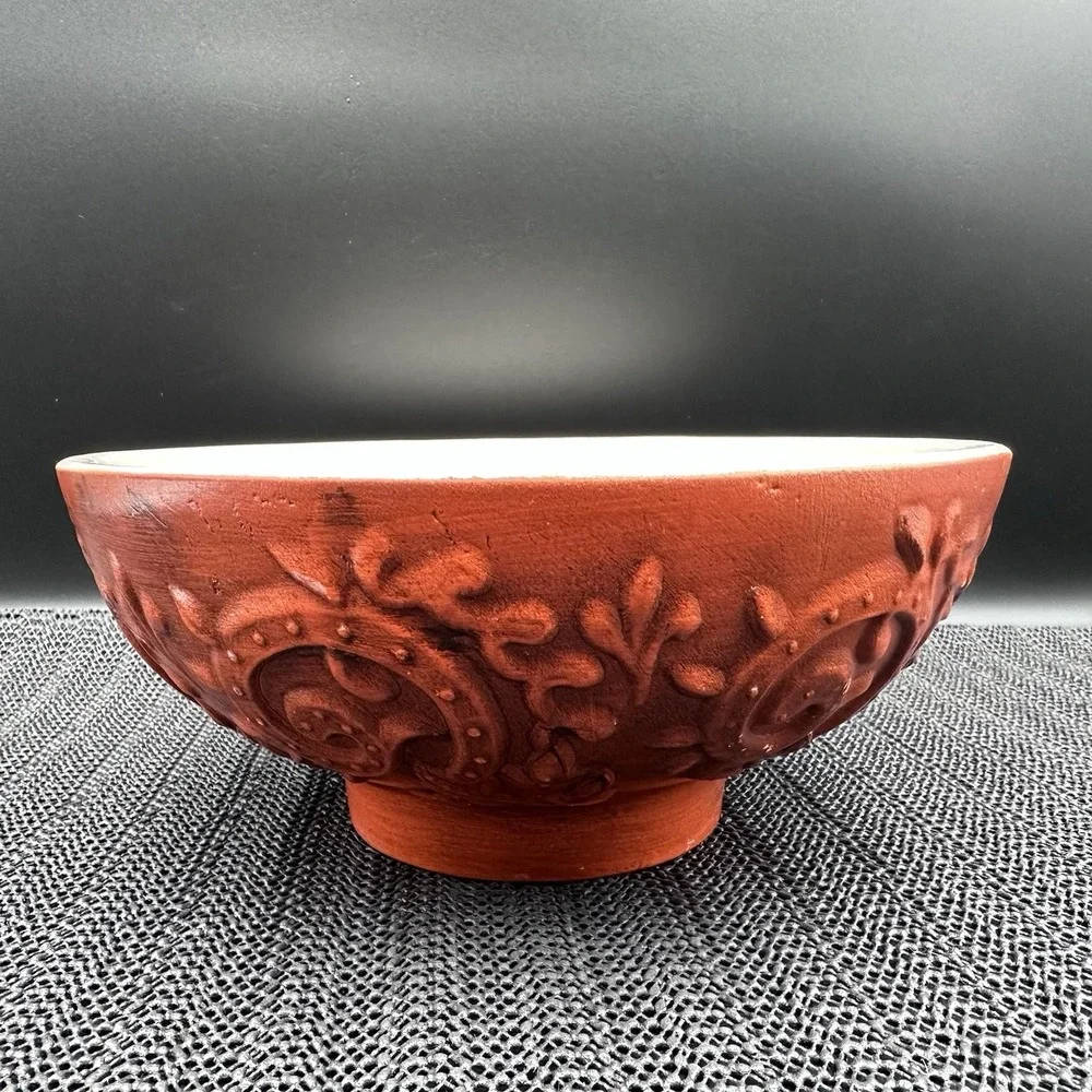 Vintage Haeger USA 102 Red Embossed Floral Pottery Bowl Planter Rustic Decor